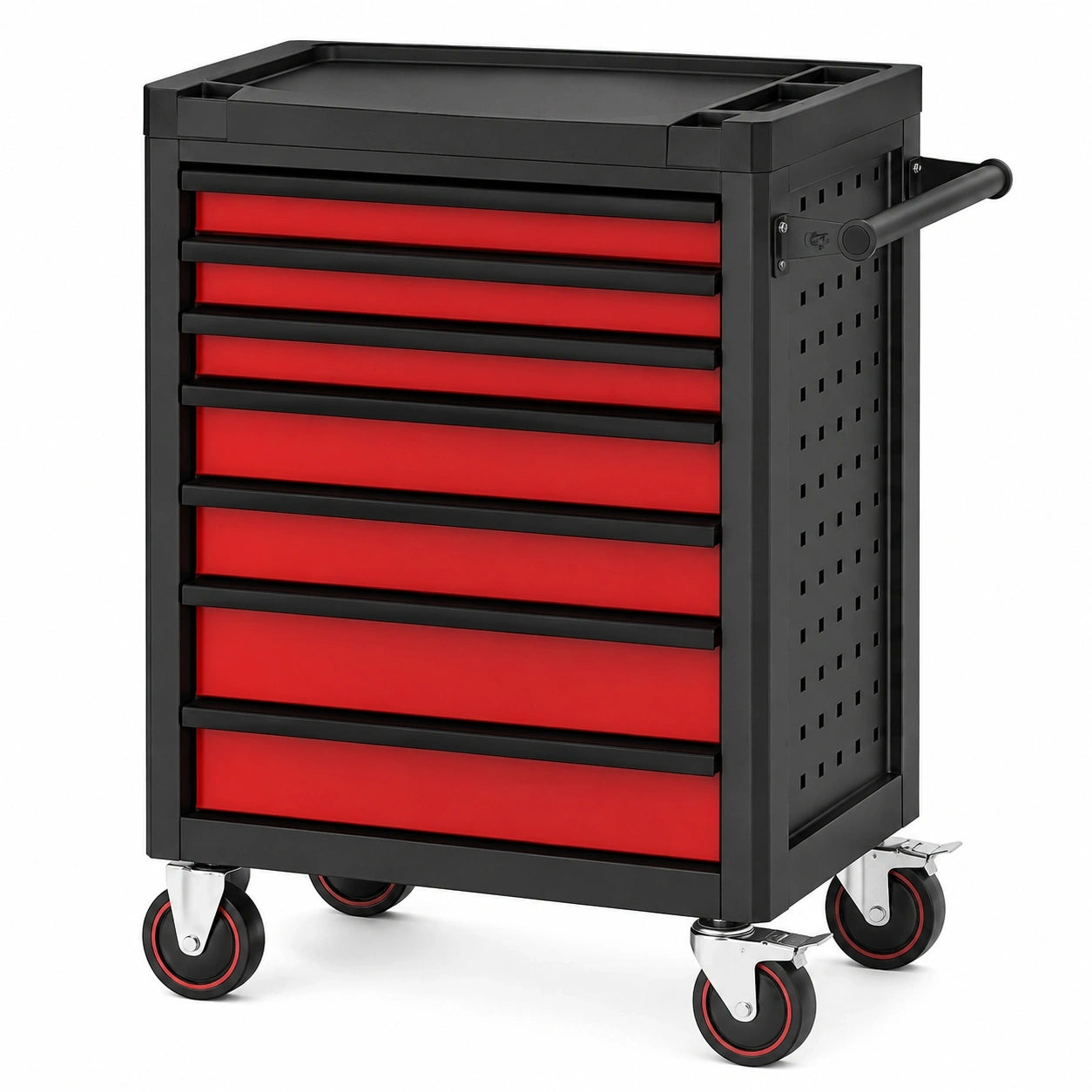 Mobiler Werkzeugwagen aus Stahl mit 7 Schubladen, 68 × 46 × 89 cm, Rot/Schwarz