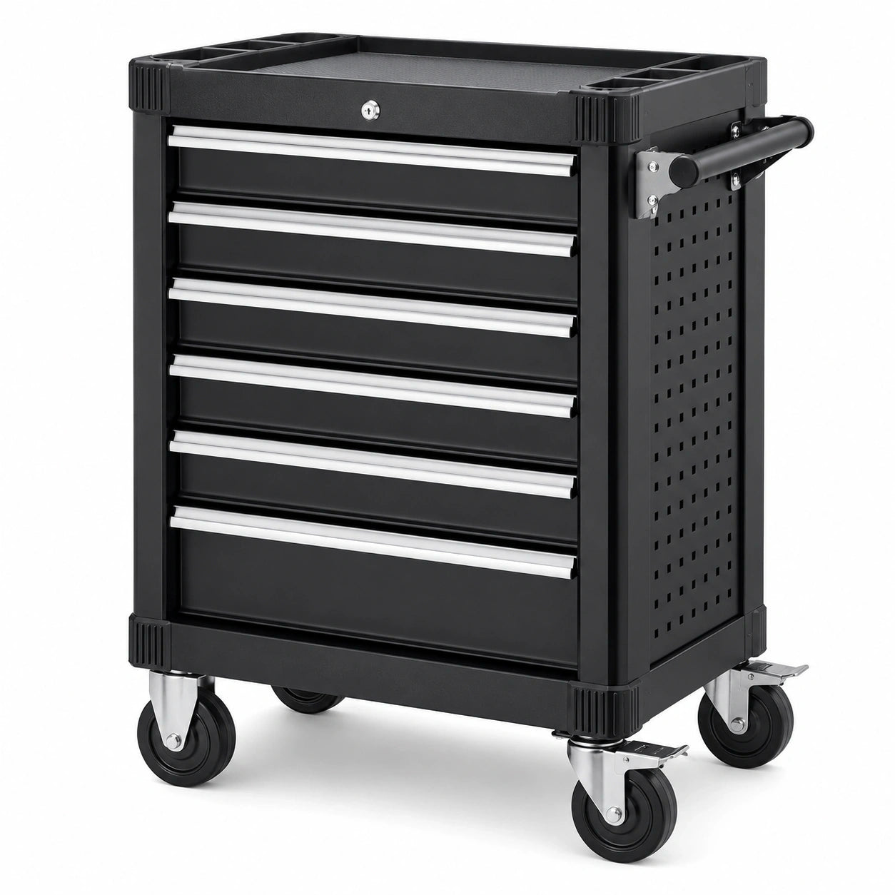 Abschließbarer Werkzeugwagen aus Stahl mit 6 Schubladen, Schwarz/Silber, 77 × 46 × 97 cm