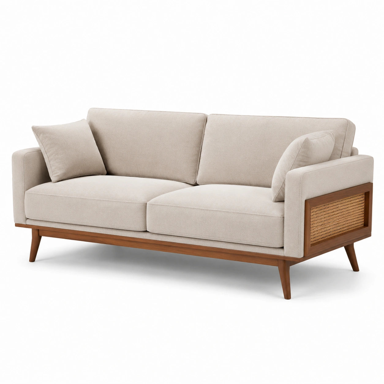 2-Sitzer-Sofa in Beige/Braun, 180 × 82 × 82 cm, Stoff, Holz und Rattangeflecht, Mid-Century-Stil