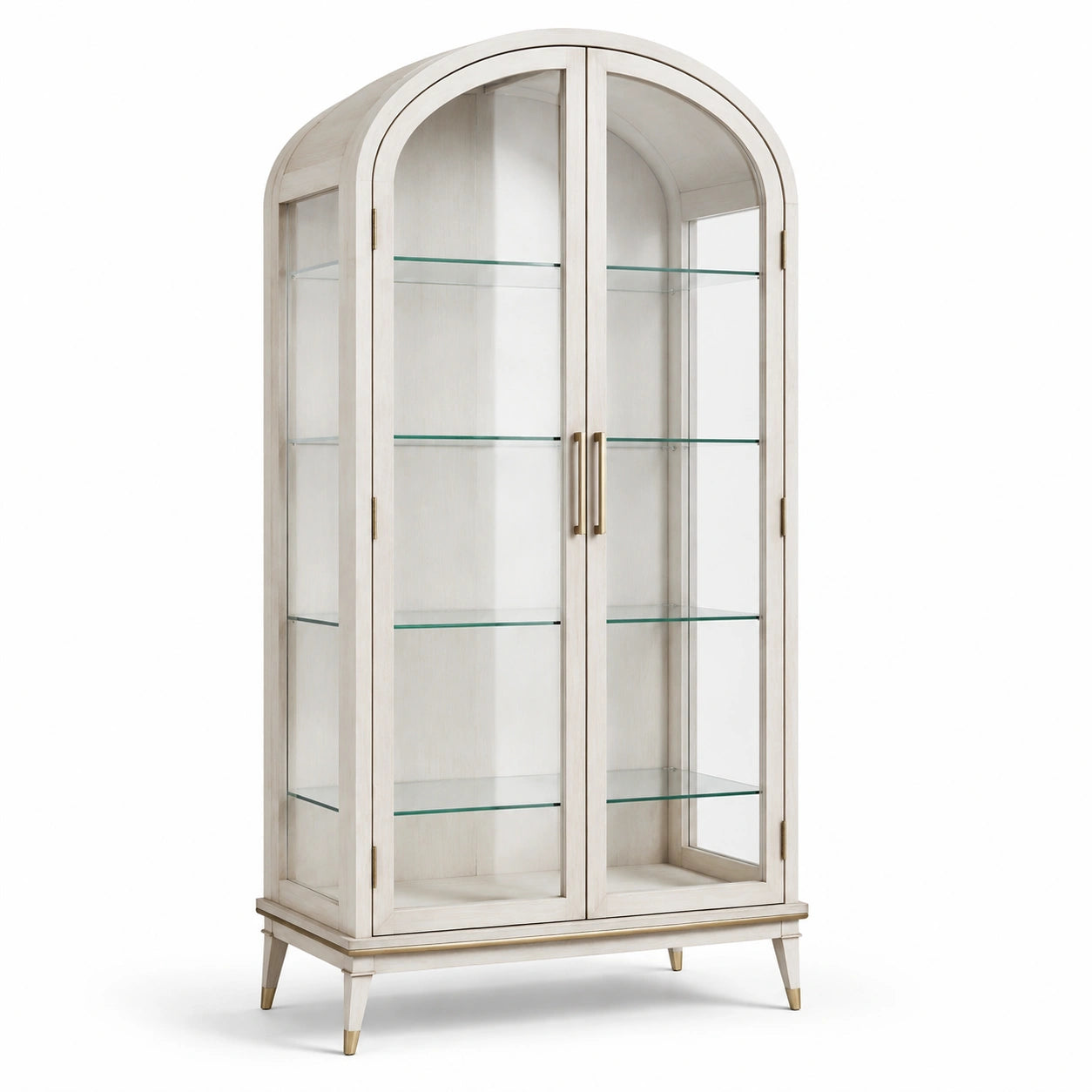 Vitrinenschrank aus Holz und Glas in Cremeweiß, 102 × 42 × 192 cm, gewölbtes Design mit 2 Glastüren und 4 Glasböden