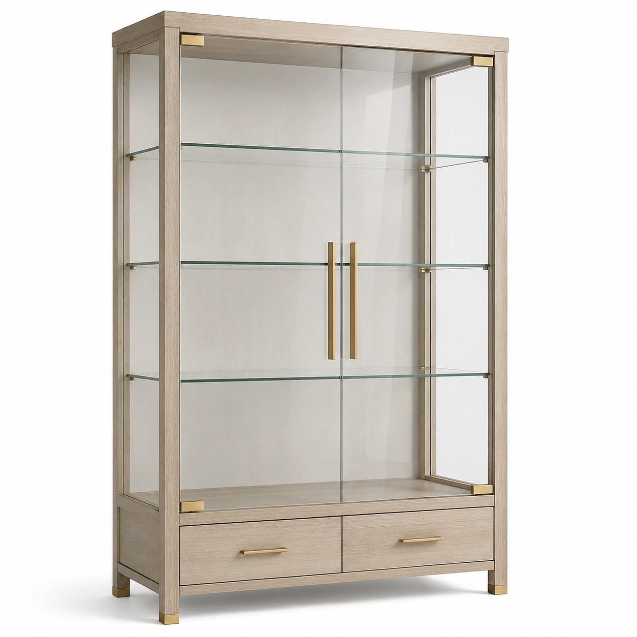 Moderne Vitrine aus Holzwerkstoff und Glas, Helle Eiche/Transparent/Goldfarben, 100 × 40 × 190 cm, mit 2 Türen, 3 Glasböden und 2 Schubladen