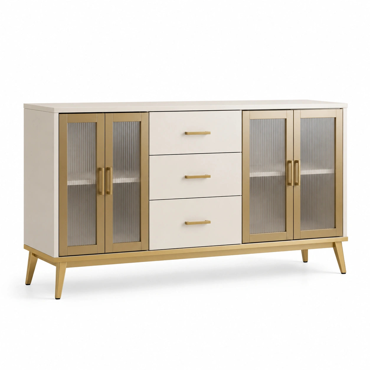Modernes Sideboard in Creme und Gold, 160 × 40 × 85 cm, mit 3 Schubladen und 4 geriffelten Glastüren