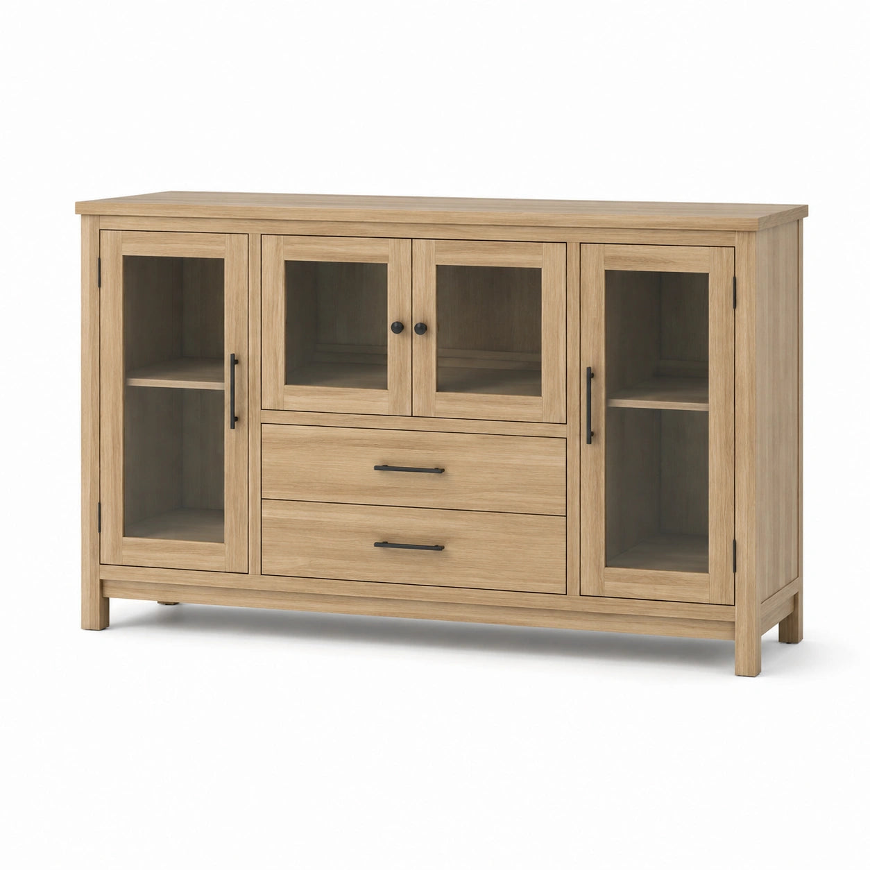Sideboard in Eiche Natur mit 4 Glastüren und 2 Schubladen, 180 × 40 × 100 cm