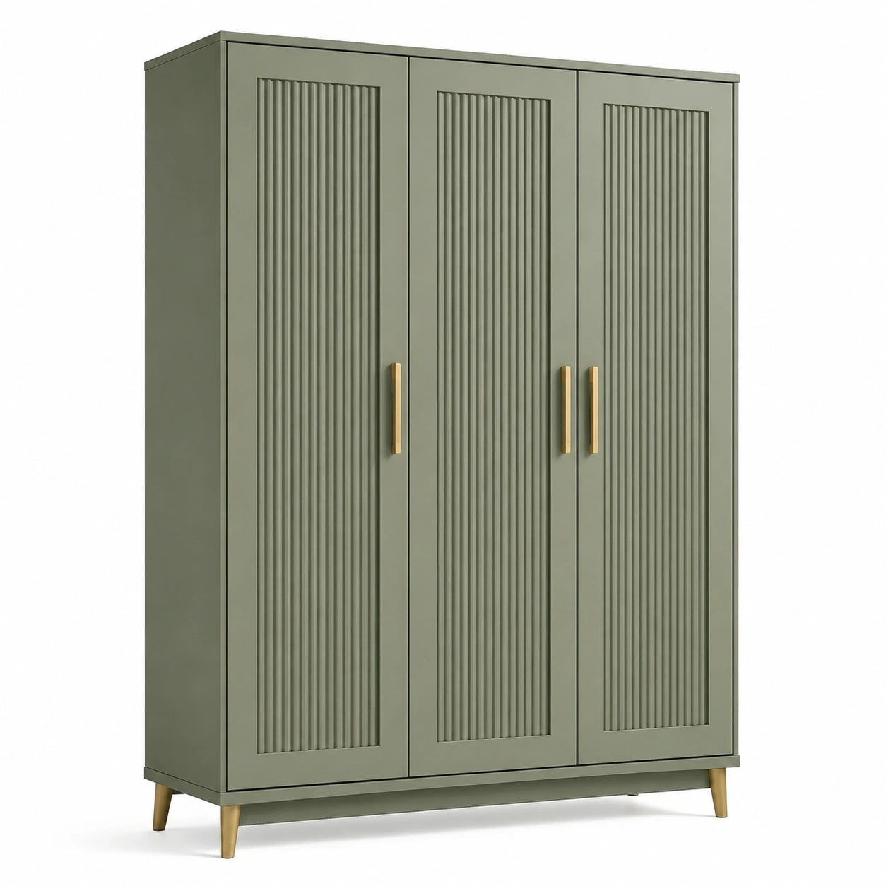 Dreitüriger Kleiderschrank aus Holzwerkstoff in Olivgrün und Gold, 120 × 50 × 180 cm, geriffelte Fronten