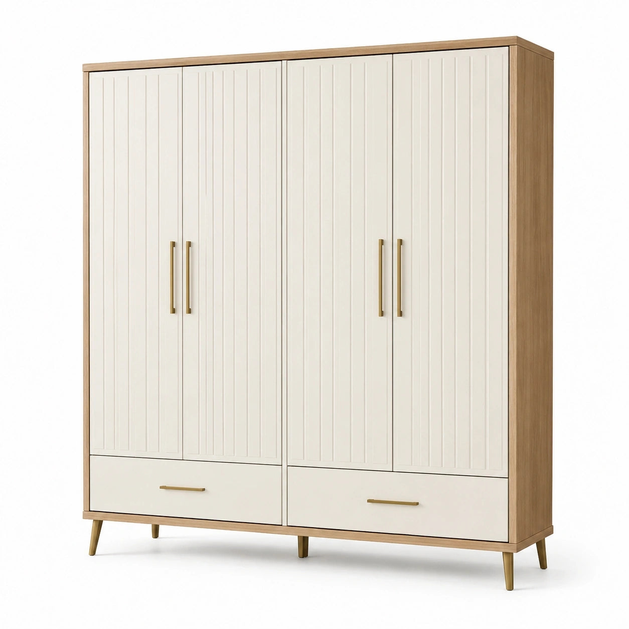 Kleiderschrank mit 4 Türen und 2 Schubladen, 180 × 55 × 200 cm, Creme/Eiche/Gold
