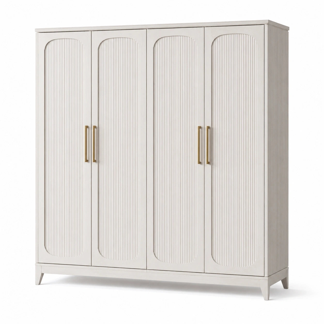 Viertüriger Kleiderschrank mit geriffelten Fronten, 200 × 55 × 210 cm, Cremeweiß