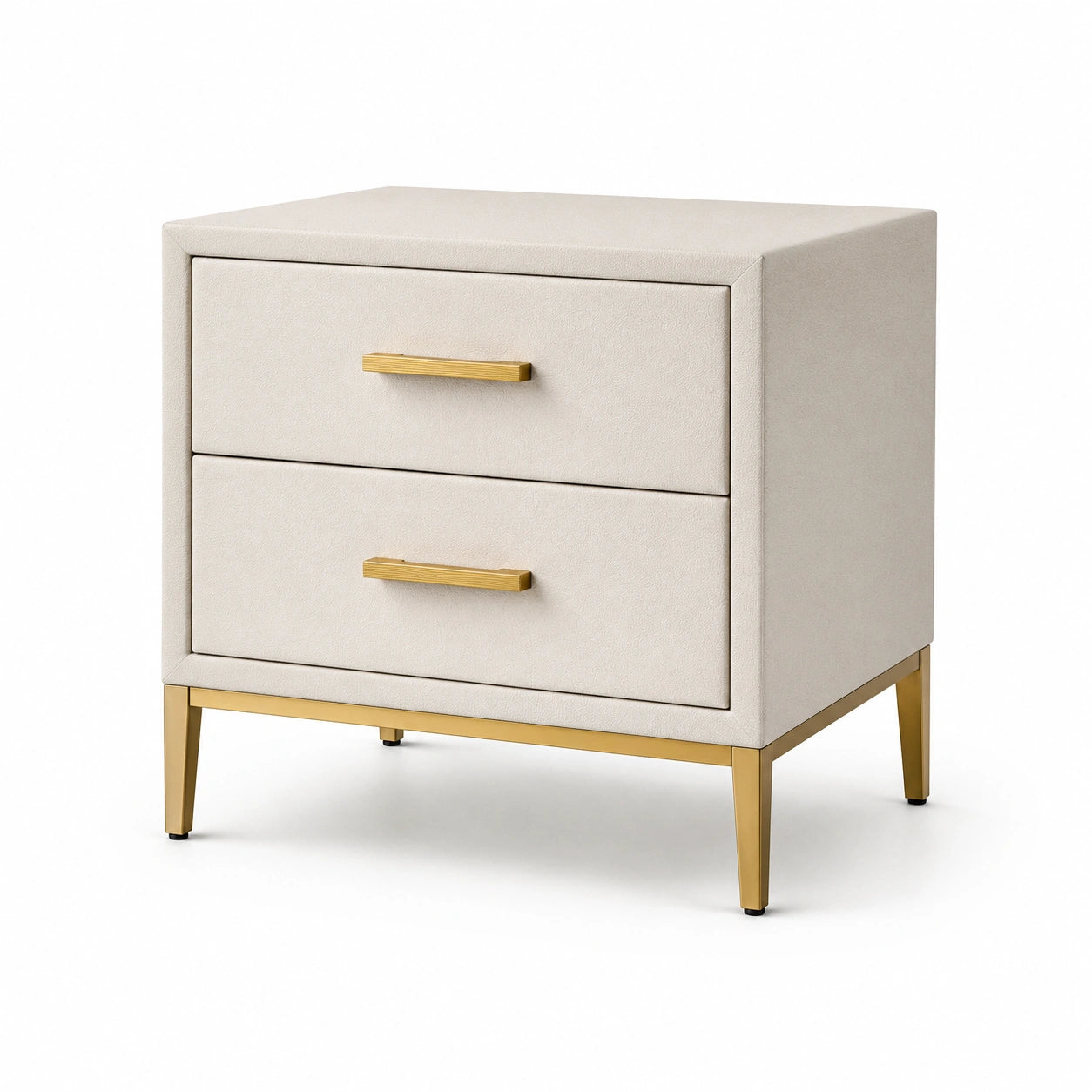 Nachttisch mit 2 Schubladen, Kunstleder in Creme und Metallgestell in Gold, 55 × 40 × 60 cm
