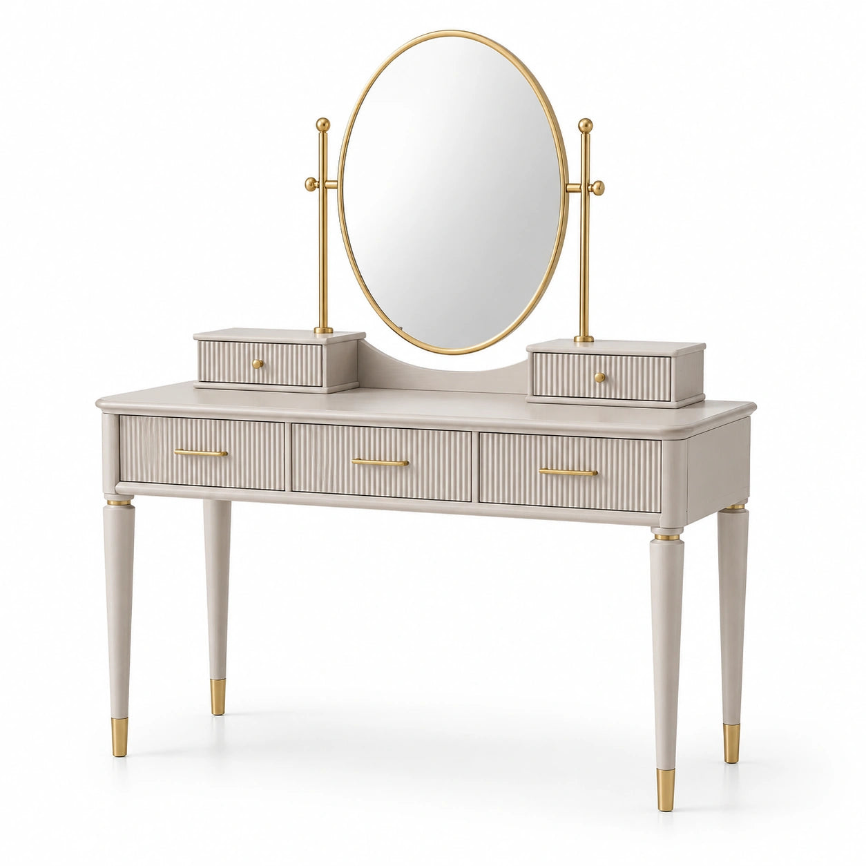 Eleganter Schminktisch mit ovalem Spiegel und 5 Schubladen, Beige/Gold, 120 × 50 × 145 cm