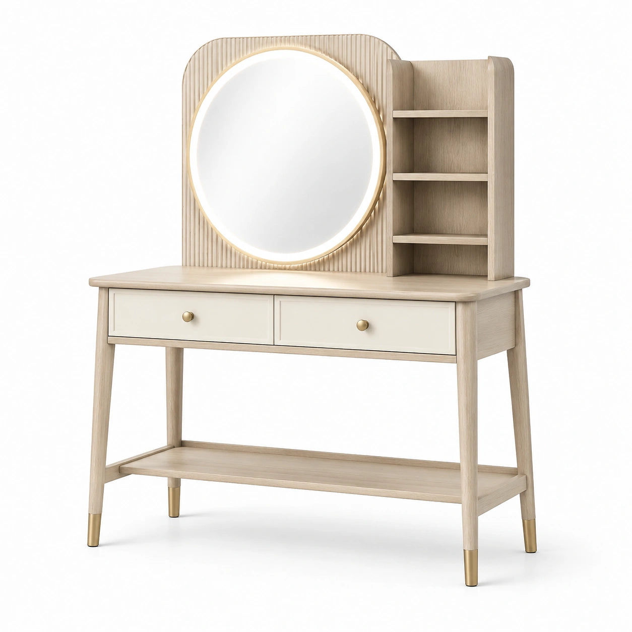 Schminktisch mit beleuchtetem Rundspiegel, 2 Schubladen und Ablagefächern, 100 × 40 × 140 cm, Beige/Creme/Gold