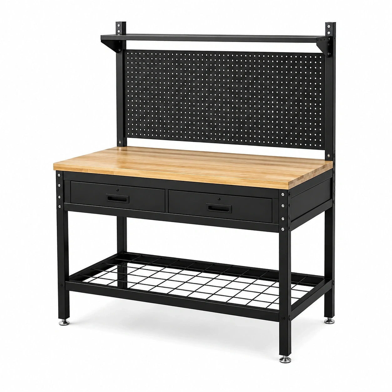 Werkbank aus Metall und Holz, 120 × 60 × 150 cm, Schwarz/Natur, mit Lochwand, 2 Schubladen und Ablage
