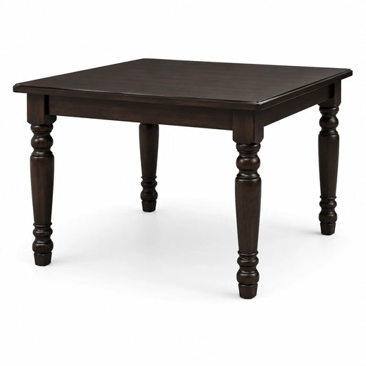 Quadratischer Esstisch aus Holz mit gedrechselten Beinen, Dunkelbraun, 100 × 100 × 76 cm