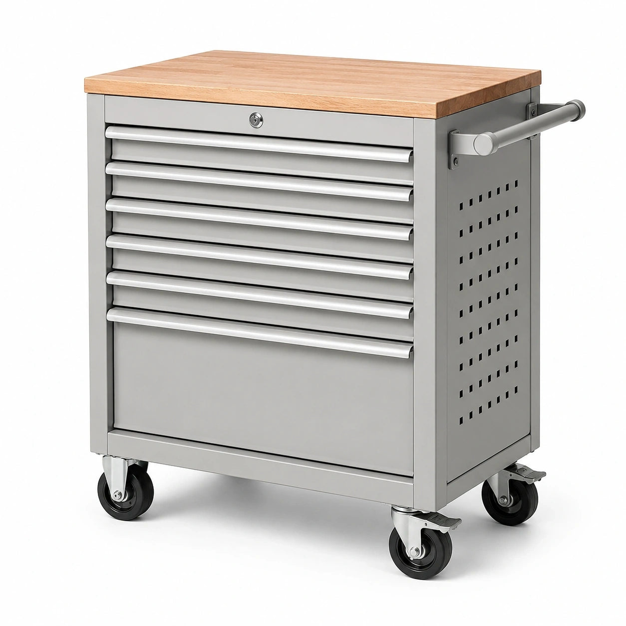 Mobiler Werkstattwagen aus Stahl in Grau/Natur, 77 × 48 × 97 cm, mit Holzarbeitsplatte, 7 Schubladen und Rollen
