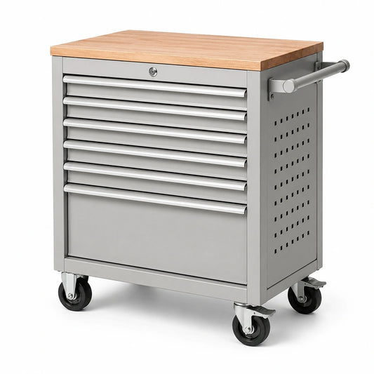 Mobiler Werkstattwagen aus Stahl in Grau/Natur, 77 × 48 × 97 cm, mit Holzarbeitsplatte, 7 Schubladen und Rollen
