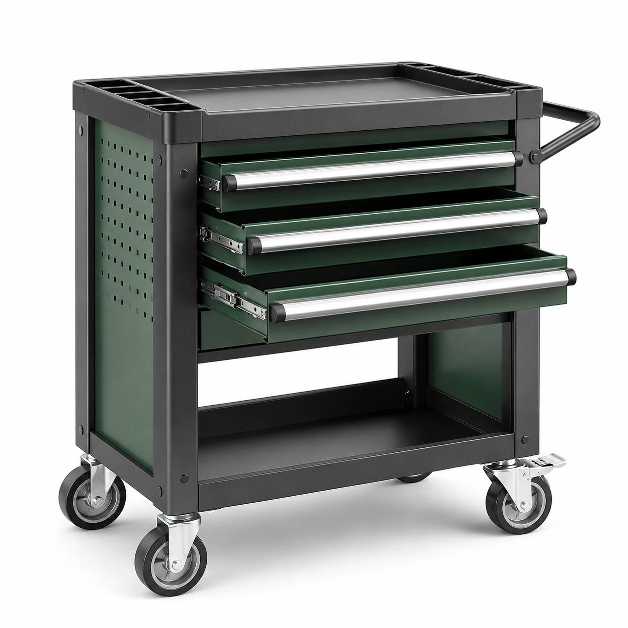 Mobiler Stahl-Werkzeugwagen mit 3 Schubladen und Rollen, 77 × 37 × 83 cm, Grün/Schwarz/Silber