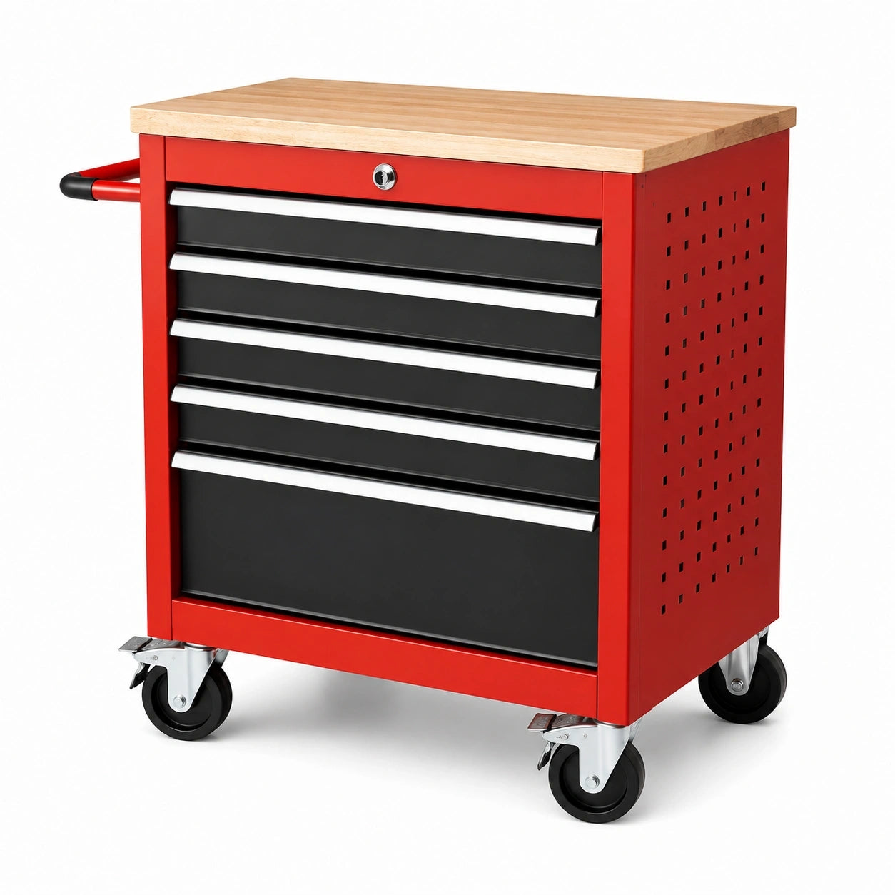 Werkzeugwagen aus Stahl mit Holzarbeitsplatte, 5 Schubladen und Rollen, 69 × 46 × 88 cm, Rot/Schwarz/Naturholz/Silber