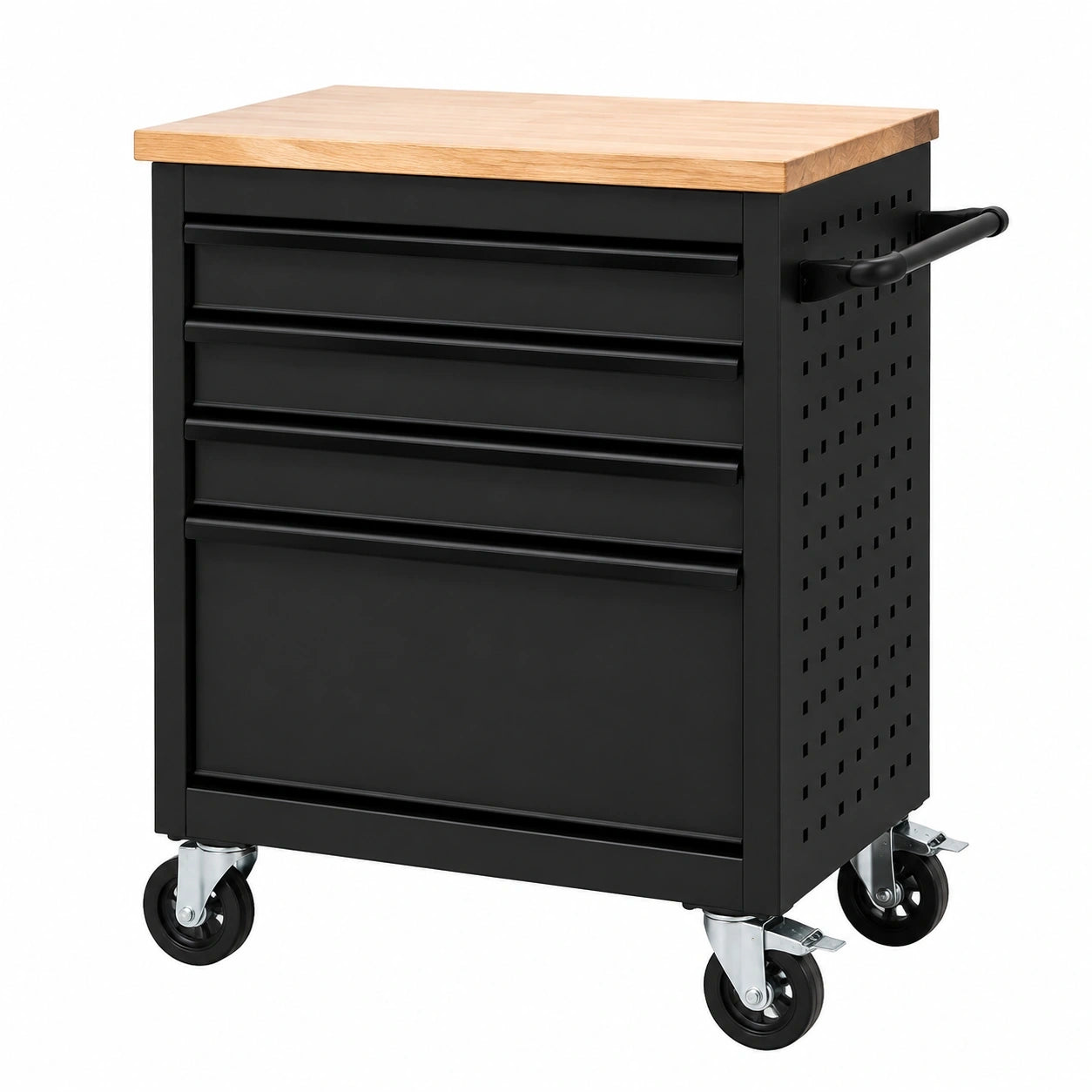 Werkstattwagen aus Stahl mit Holzarbeitsplatte, 5 Schubladen und Rollen, 68 × 46 × 88 cm, Schwarz/Natur