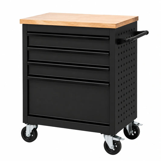 Werkstattwagen aus Stahl mit Holzarbeitsplatte, 5 Schubladen und Rollen, 68 × 46 × 88 cm, Schwarz/Natur