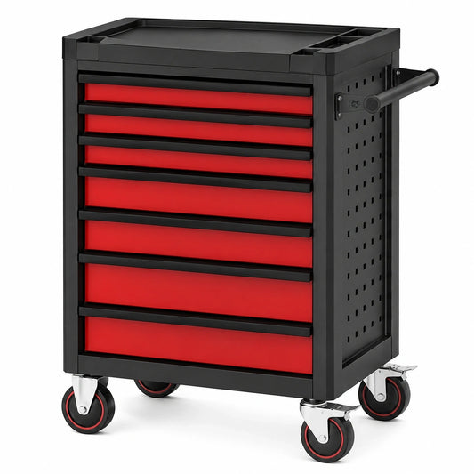 Mobiler Werkzeugwagen aus Stahl mit 7 Schubladen, 68 × 46 × 89 cm, Rot/Schwarz