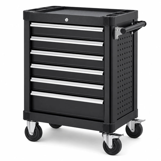 Abschließbarer Werkzeugwagen aus Stahl mit 6 Schubladen, Schwarz/Silber, 77 × 46 × 97 cm