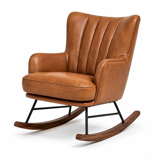 Gepolsterter Retro-Schaukelstuhl aus braunem Kunstleder mit Holzkufen und Metallgestell, 77 × 98 × 99 cm