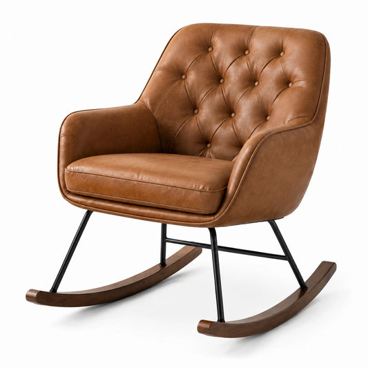 Schaukelstuhl 76 × 94 × 93 cm, Braun/Schwarz/Dunkelbraun, Kunstlederbezug, Metallgestell und Holzkufen im Retro-Stil