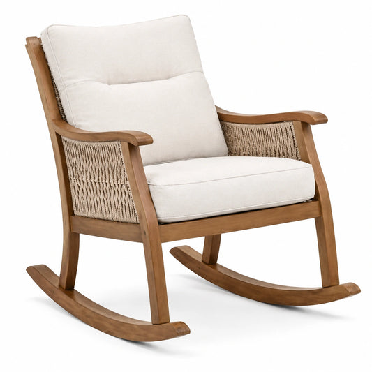 Schaukelstuhl aus Holz mit Polstern und Seilgeflecht, Beige/Braun, 92 × 72 × 98 cm
