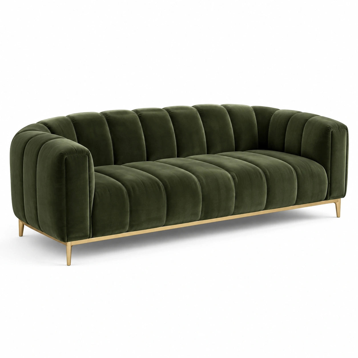 Modernes 4-Sitzer-Sofa aus Samt in Dunkelgrün mit goldfarbenem Metallgestell, 240 x 90 x 78 cm