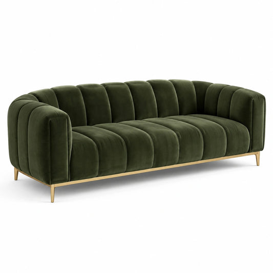 Modernes 4-Sitzer-Sofa aus Samt in Dunkelgrün mit goldfarbenem Metallgestell, 240 x 90 x 78 cm