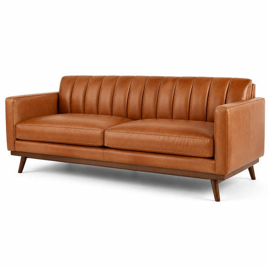 3-Sitzer-Sofa in Cognac und Dunkelbraun, 210 × 88 × 82 cm, Lederoptik mit Holzgestell im Retro-Stil