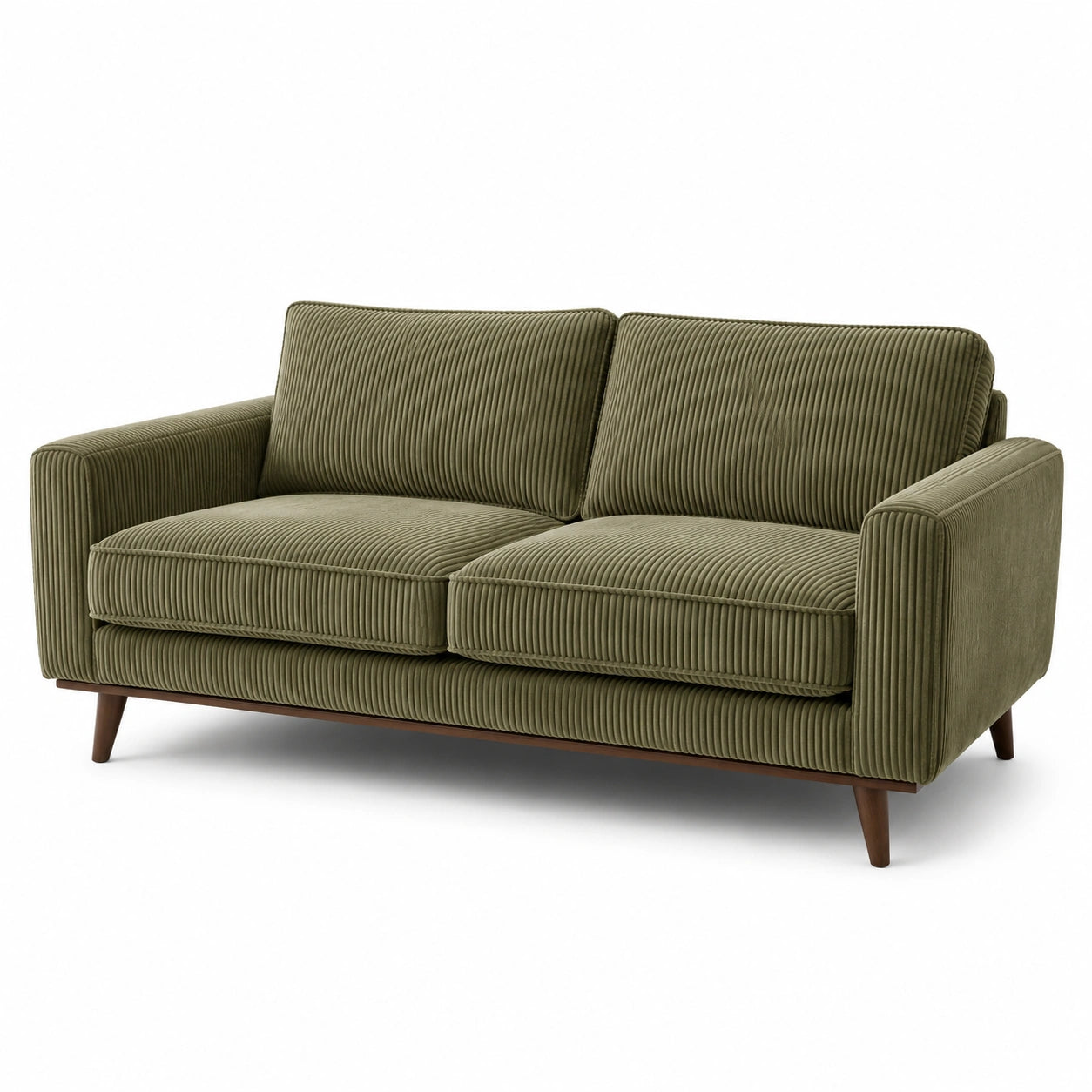 2-Sitzer-Sofa aus Cord in Olivgrün mit braunem Holzgestell, 180 × 86 × 84 cm