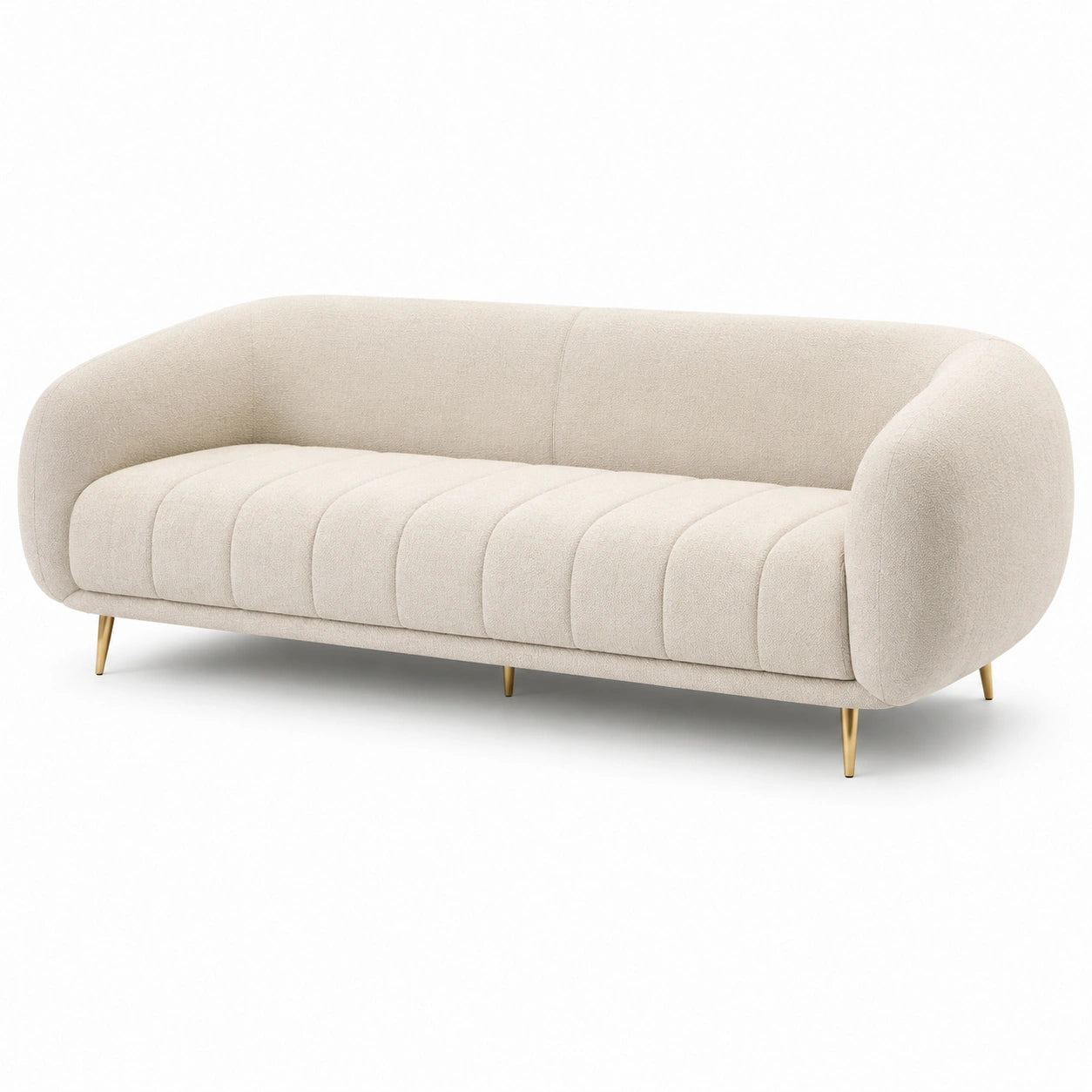 Modernes 3-Sitzer-Sofa mit Bouclé-Bezug in Creme und goldfarbenen Metallbeinen, 220 × 90 × 75 cm