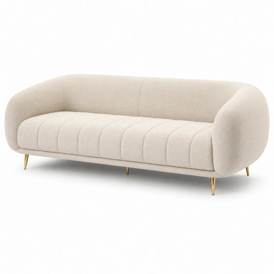 Modernes 3-Sitzer-Sofa mit Bouclé-Bezug in Creme und goldfarbenen Metallbeinen, 220 × 90 × 75 cm