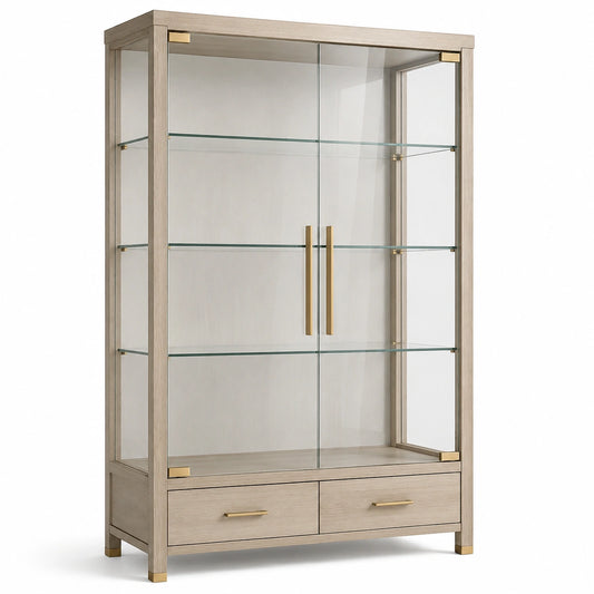 Moderne Vitrine aus Holzwerkstoff und Glas, Helle Eiche/Transparent/Goldfarben, 100 × 40 × 190 cm, mit 2 Türen, 3 Glasböden und 2 Schubladen