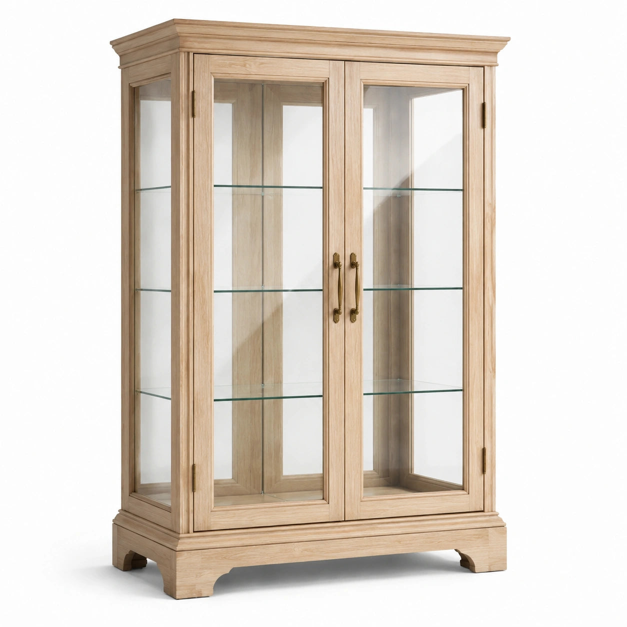 Vitrinenschrank aus Naturholz mit Glasböden und goldfarbenen Griffen, 110 × 40 × 165 cm