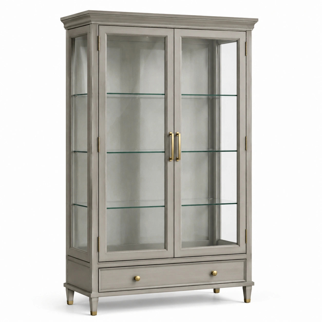 Klassischer Vitrinenschrank aus Holzwerkstoff und Glas, Grau/Messingfarben, 110 × 42 × 190 cm, mit 2 Glastüren, 3 Glasböden und 1 Schublade