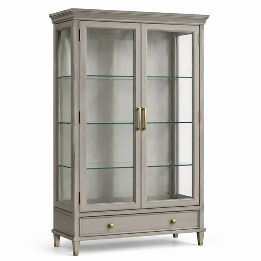 Klassischer Vitrinenschrank aus Holzwerkstoff und Glas, Grau/Messingfarben, 110 × 42 × 190 cm, mit 2 Glastüren, 3 Glasböden und 1 Schublade