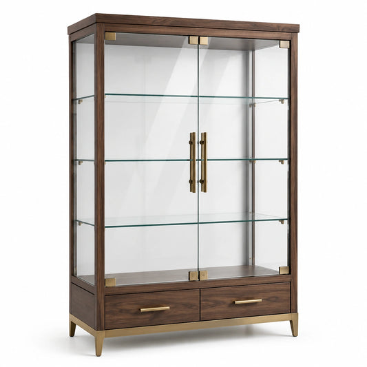 Moderner Vitrinenschrank aus Holzwerkstoff, Glas und Metall, Braun/Transparent/Goldfarben, 110 × 40 × 180 cm, mit 2 Türen und 2 Schubladen
