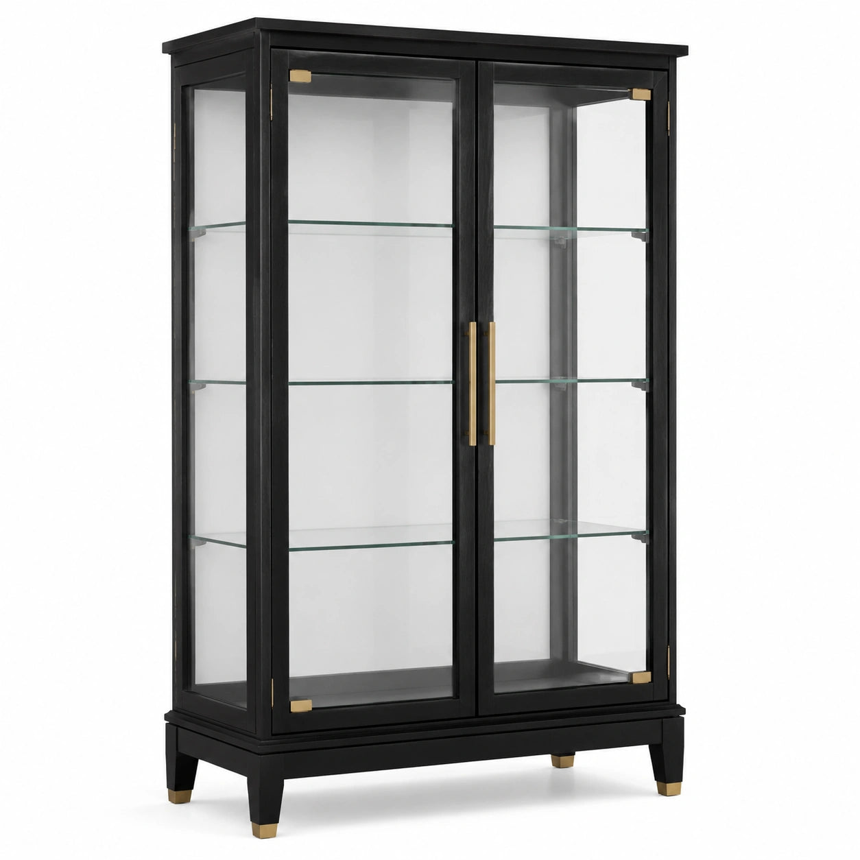 Vitrinenschrank mit 2 Glastüren und 3 Glasböden, Schwarz/Gold/Transparent, 100 × 40 × 180 cm