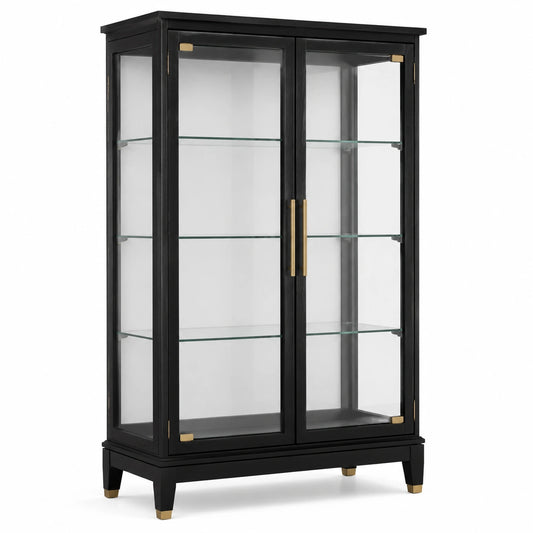 Vitrinenschrank mit 2 Glastüren und 3 Glasböden, Schwarz/Gold/Transparent, 100 × 40 × 180 cm