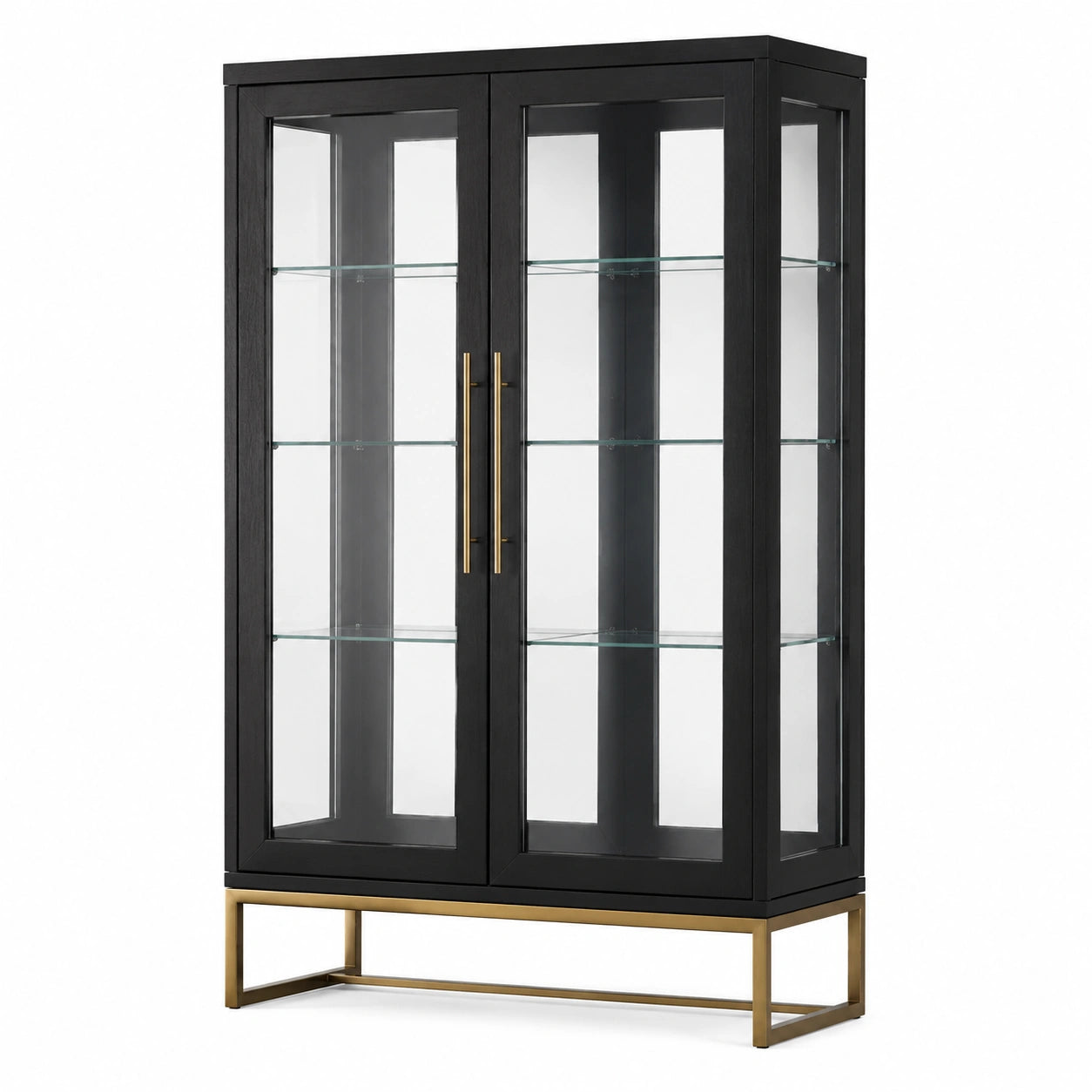 Zweitürige Vitrine mit 3 Glasböden, 100 × 40 × 180 cm, Schwarz/Gold/Transparent