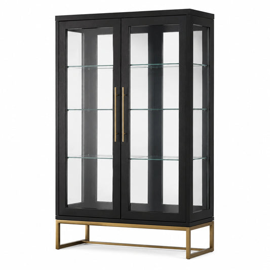 Zweitürige Vitrine mit 3 Glasböden, 100 × 40 × 180 cm, Schwarz/Gold/Transparent