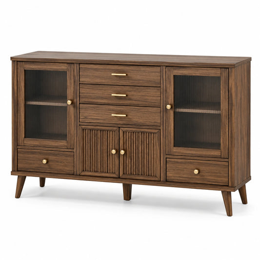 Sideboard im Retro-Stil, 160 × 40 × 95 cm, Braun/Schwarz/Goldfarben, mit 5 Schubladen und 4 Türen