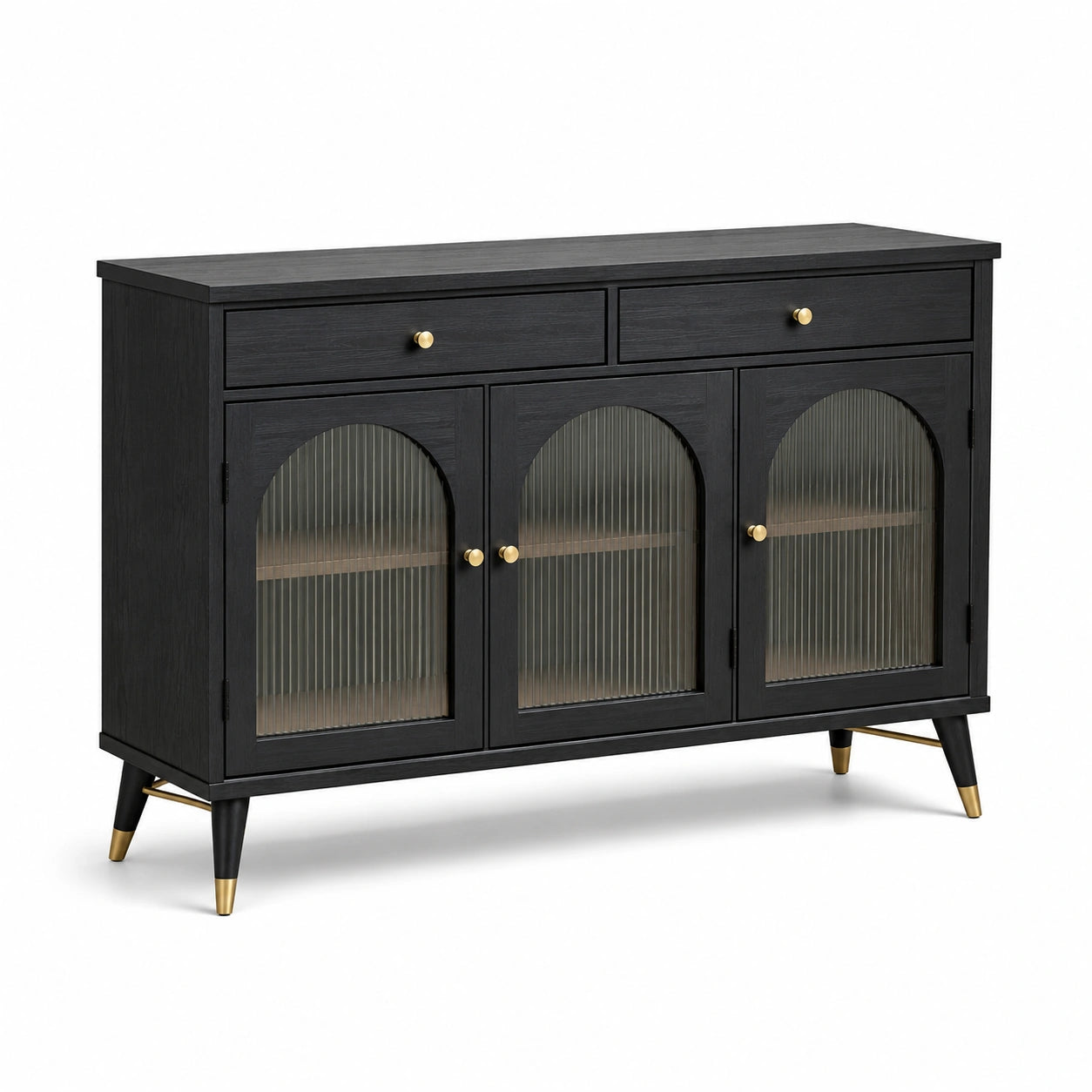 Sideboard in Schwarz mit goldfarbenen Akzenten, 120 × 40 × 90 cm, 2 Schubladen und 3 geriffelte Glastüren