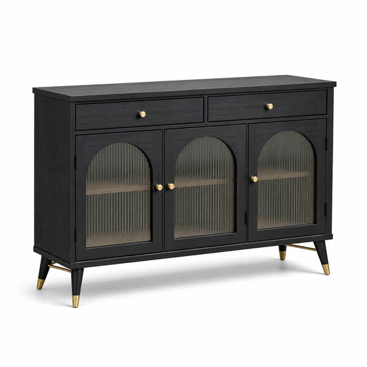 Sideboard in Schwarz mit goldfarbenen Akzenten, 120 × 40 × 90 cm, 2 Schubladen und 3 geriffelte Glastüren