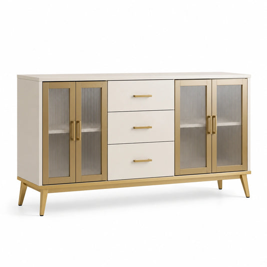 Modernes Sideboard in Creme und Gold, 160 × 40 × 85 cm, mit 3 Schubladen und 4 geriffelten Glastüren