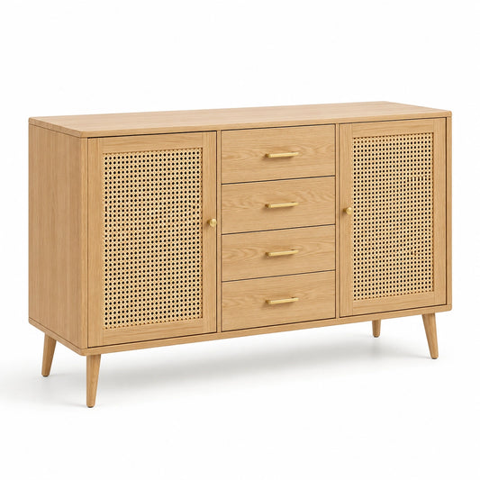 Sideboard in Natur und Gold, 140 × 40 × 85 cm, mit Rattangeflecht, 4 Schubladen und 2 Türen, Retro-Stil