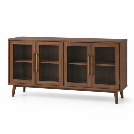 Sideboard aus Holzwerkstoff mit 4 Türen aus geriffeltem Rauchglas, Dunkelbraun, 180 × 40 × 85 cm