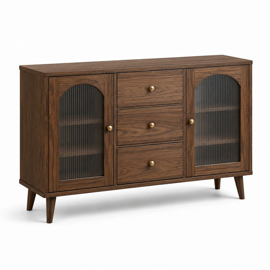 Sideboard Braun mit goldfarbenen und dunkelgrauen Details, 140 × 40 × 80 cm, 3 Schubladen und 2 Türen