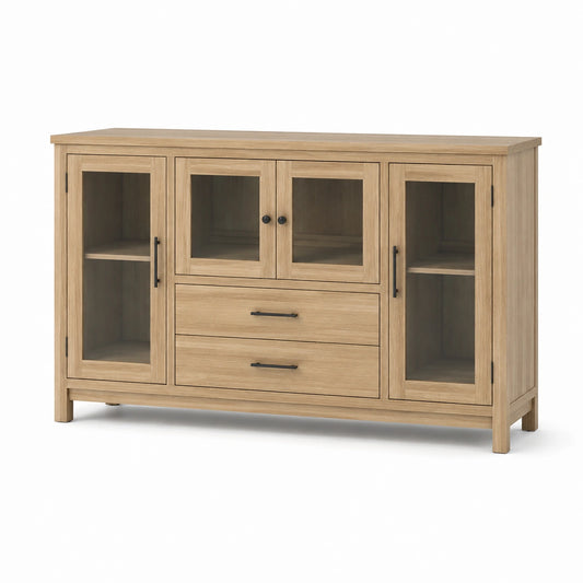 Sideboard in Eiche Natur mit 4 Glastüren und 2 Schubladen, 180 × 40 × 100 cm