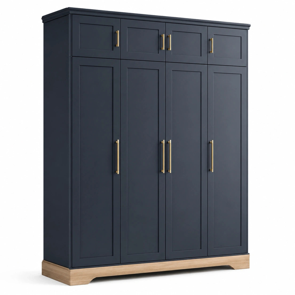 Kleiderschrank aus Holzwerkstoff mit 8 Türen, Dunkelblau/Natur/Gold, 200 × 60 × 220 cm